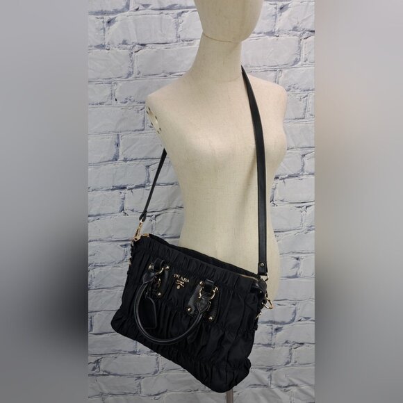 Prada Tessuto Nylon 2 Way Tote Handbag Crossbody Black Gold Top Handle Bag Italy